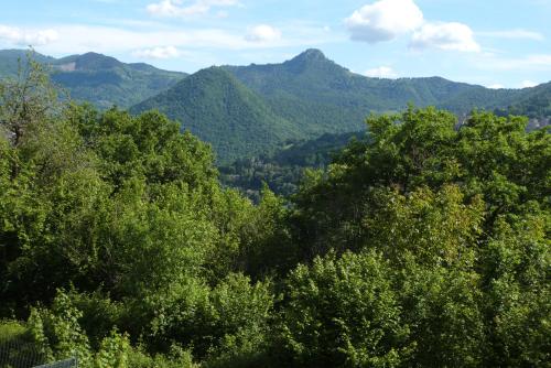 a view of a forest of trees and mountains at Giardino tra i laghi in San Fedele Intelvi