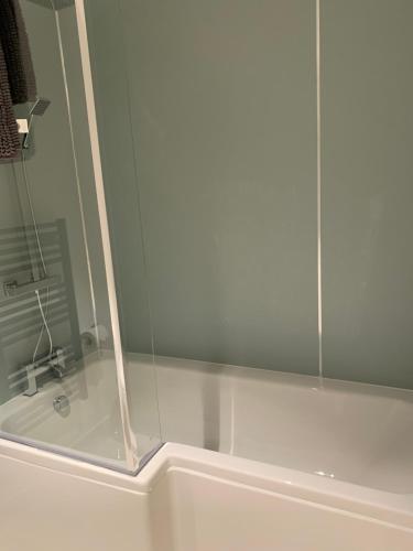 W łazience znajduje się prysznic ze szklanymi drzwiami. w obiekcie STAG & THISTLE HOTEL AND RESTAURANT w mieście Fraserburgh