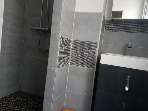 une salle de bain avec douche et lavabo dans l'établissement Le 122 aux Batignolles, à Paris