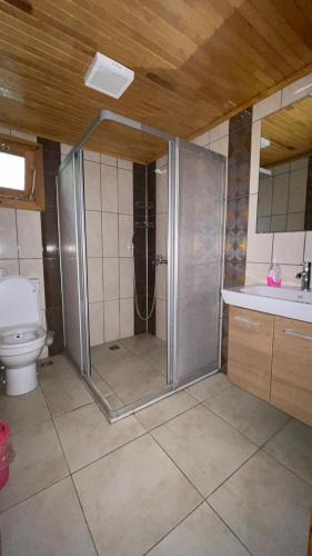 a bathroom with a shower and a toilet at Olympos Varuna Pansiyon in Olympos