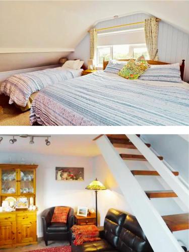 リスカナーにあるCliff View Lodge Apartmentのベッドルーム1室(ベッド1台付)と階段の写真2枚