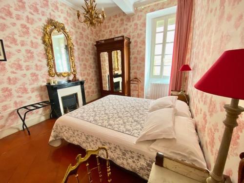 a bedroom with a bed and a mirror and a lamp at Maison Ville-Limoux in Limoux