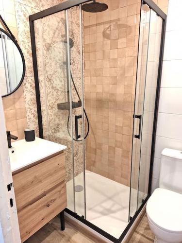 une salle de bain avec une douche avec des toilettes et un lavabo dans l'établissement Studio rénové avec terrasse 40 m 2, à Palavas-les-Flots