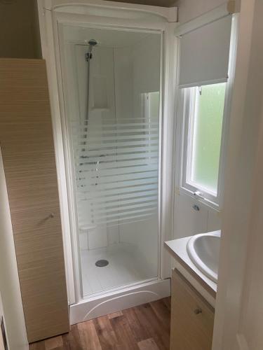 une salle de bain blanche avec une douche et un lavabo dans l'établissement terre & mer, à Saujon