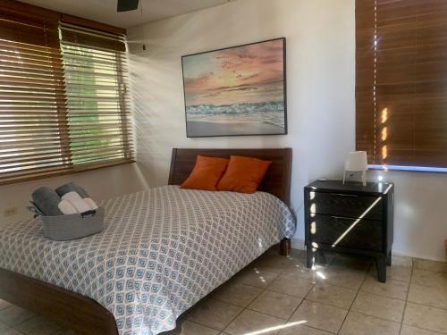 een slaapkamer met een bed met oranje kussens en een nachtkastje bij Ocean View in La Parguera