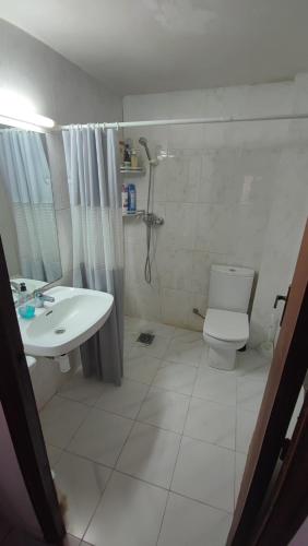 a bathroom with a sink and a toilet and a shower at Apartment & Rooms Constantí in Constantí