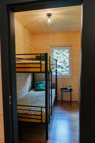 a room with two bunk beds in a cabin at Rodzinny Dom na Łonie Natury in Joniec