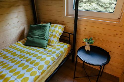 a small room with a bed and a table at Rodzinny Dom na Łonie Natury in Joniec