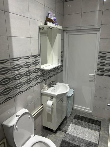 a bathroom with a toilet and a sink and a mirror at Kristina House in Opornica