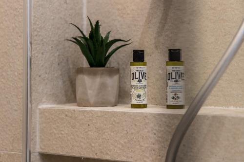 three bottles of oils sitting on a shelf with a plant at Pergola in Pollonia
