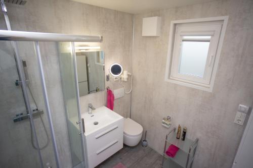 uma casa de banho com um chuveiro, um WC e um lavatório. em Seepark Cox em Goch