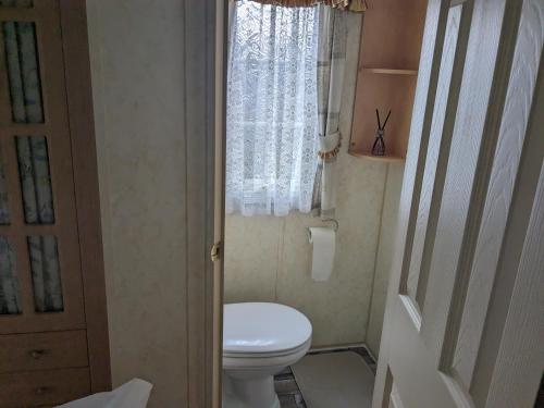 a small bathroom with a toilet and a window at i7 Millfields 6 Berth Luxury Caravan DG & GCH Familys Only And Lead Person Must Be Over 30 in Ingoldmells