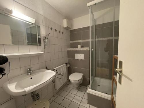 a bathroom with a sink and a toilet and a shower at Kapitänshaus W04 in Laboe