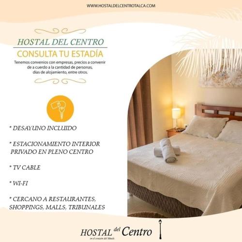 a flyer of a hotel room with a bed at Hostal Del Centro Talca in Talca
