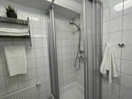 een badkamer met een douche en een glazen deur bij Nautic W20 in Laboe