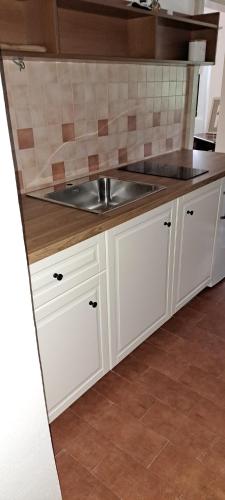 a kitchen with white cabinets and a sink at Apartma 5 in Radovljica