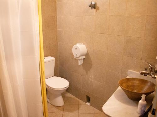 a bathroom with a toilet and a wooden sink at Pasaje Solar in Buenos Aires