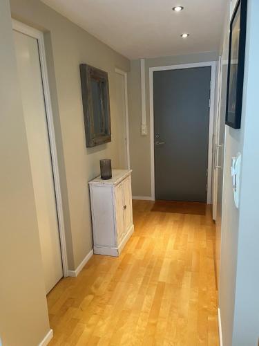 an empty room with a door and a wooden floor at Voss Resort self-service apartments in Skulestadmo