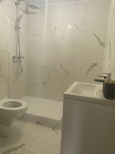 une salle de bain blanche avec des toilettes et un lavabo dans l'établissement Charmant appartement, à Bandol