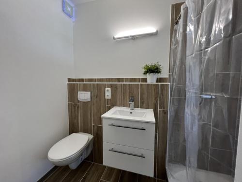 a bathroom with a toilet and a sink and a shower at Meerblickbude in Wendtorf