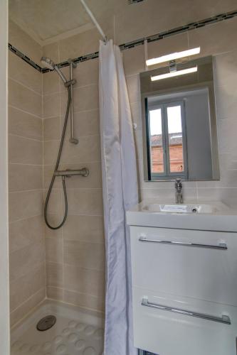 une salle de bain avec douche et lavabo dans l'établissement La ToulouZEN Hyper-Centre, à Toulouse