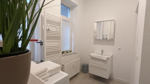 a white bathroom with a sink and a mirror at Fewo Sanddüne nur wenige Minuten vom Hafen und Strand entfernt in Laboe