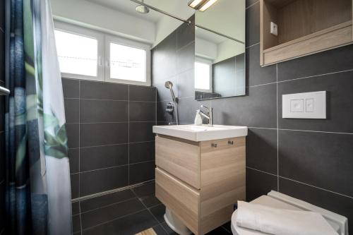 MarienfeldeにあるFerienwohung Müritzfreude OGの洗面台、トイレ、鏡のあるバスルーム