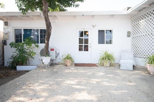 a white house with potted plants and a tree at Aruba Sunrise 1BR Apt Near Baby Beach San Nicolas in Sint Nicolaas