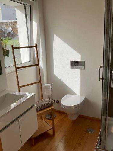 uma pequena casa de banho com um WC e uma janela em Casa da Barca em Abrantes