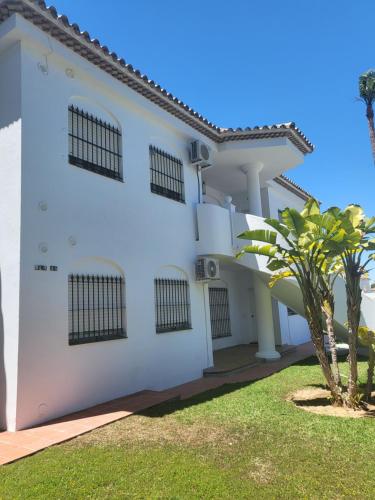 a white building with a palm tree in front of it at Apartamento Pinar del Atlántico La Barrosa in Chiclana de la Frontera