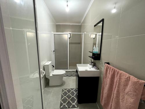 a bathroom with a shower and a toilet and a sink at Residencial Ru-B in Luanda