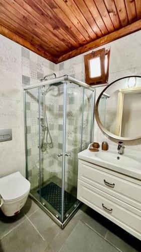 a bathroom with a shower and a toilet and a mirror at Hidir Yayla Dağ Evi in Akcaabat