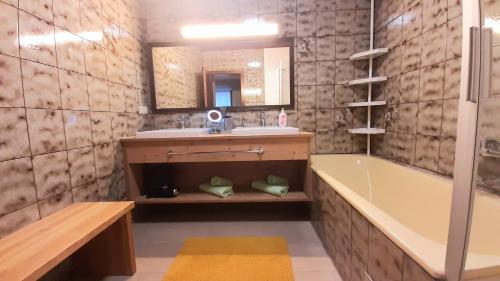 シュピールベルクにあるHaus am Ringの洗面台、浴槽、鏡のあるバスルーム