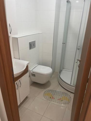 a white bathroom with a toilet and a shower at Türkmen hotel in Istanbul