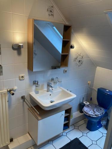 a bathroom with a sink and a toilet at Schöne Aussicht in Wienhausen