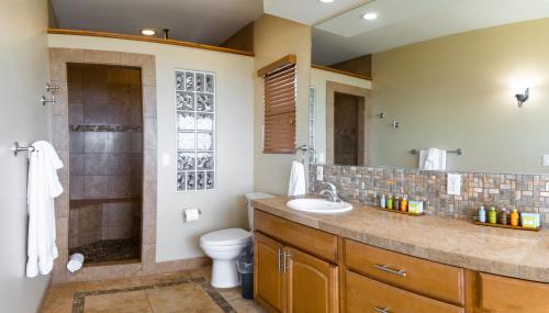 a bathroom with a sink and a toilet and a shower at Kailua-Kona Exceptional Oceanview Home - Heated Oasis Pool & Stunning Ocean View in Kailua-Kona