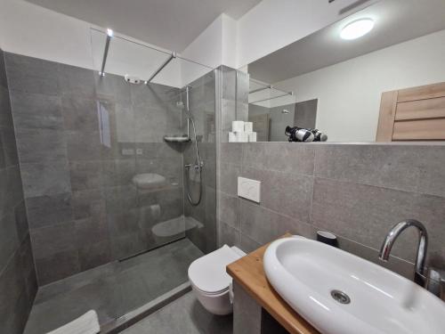 a bathroom with a shower and a toilet and a sink at Restaurace - Apartmány Bobule in Pavlov