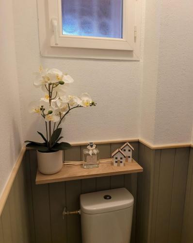 une salle de bain avec une étagère au dessus des toilettes avec des fleurs dans l'établissement Appartement de la Côte bleue, à Martigues