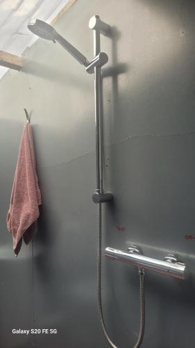 een douchecabine in een badkamer met een handdoek bij glamping in Dromineer in Dromineer