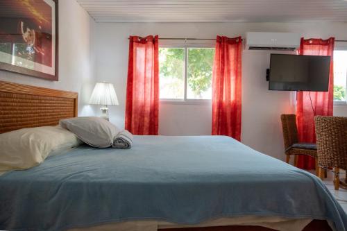 a bedroom with a bed with red curtains and a tv at Aruba Sunrise Studio Near Baby Beach, San Nicolas in San Nicolas