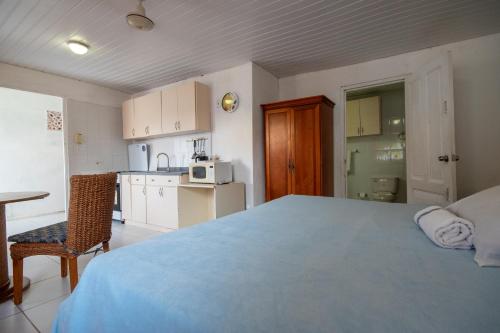 a bedroom with a blue bed and a kitchen at Aruba Sunrise Studio Near Baby Beach, San Nicolas in San Nicolas