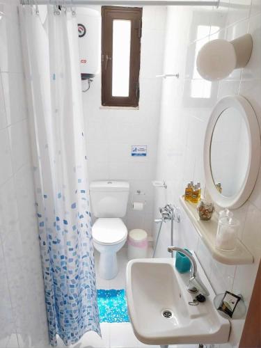 a white bathroom with a toilet and a sink at Daphnes Apartments in Ratzaklíon