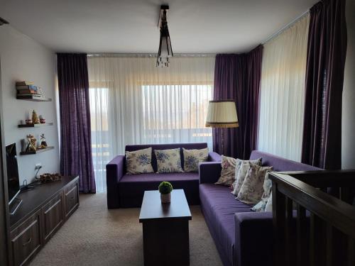 a living room with a purple couch and a tv at Pensiunea La Voicut in Sohodol