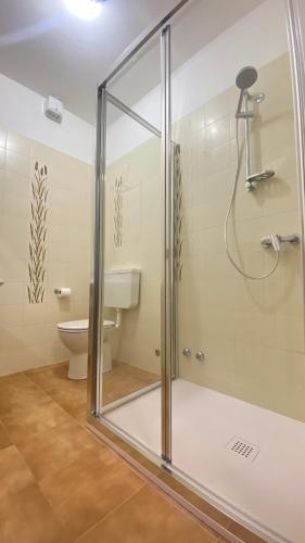 a glass shower in a bathroom with a toilet at Casa Blue lake in Gravedona