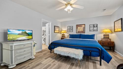 1 dormitorio con 1 cama azul y TV de pantalla plana en River Waltz en Pigeon Forge