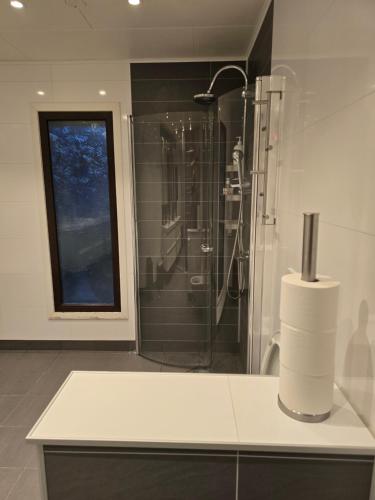 Florvåg的住宿－Florvåg -flott utsikt mot byen，带淋浴和白色台面的浴室