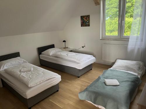 Zimmer mit 3 Betten und einem Fenster in der Unterkunft Agroturystyka Kraina Choszcza in Choszczno