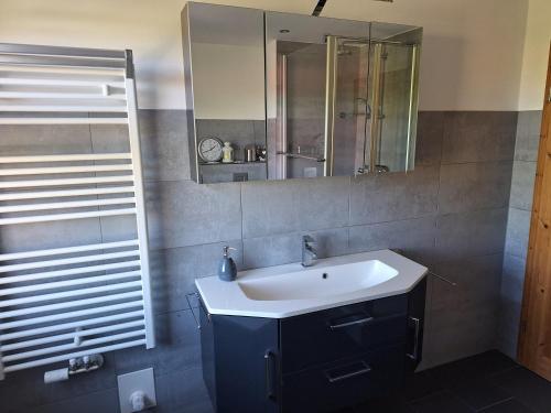 a bathroom with a sink and a mirror at Schöne Maisonettewohnung in der Barlachstadt Güstrow in Güstrow