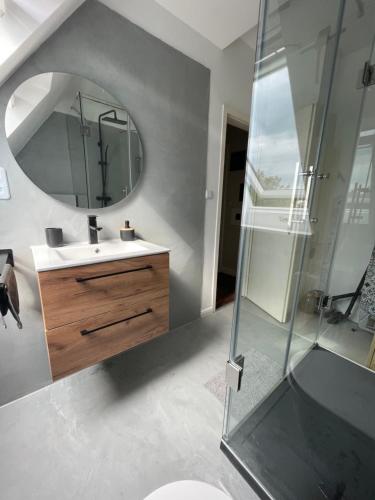 W łazience znajduje się umywalka i lustro. w obiekcie Naturnahes Heimatbasis w mieście Hamburg