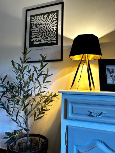 a lamp sitting next to a dresser with a plant at D'Oliva Gerês - River Side Houses in Geres